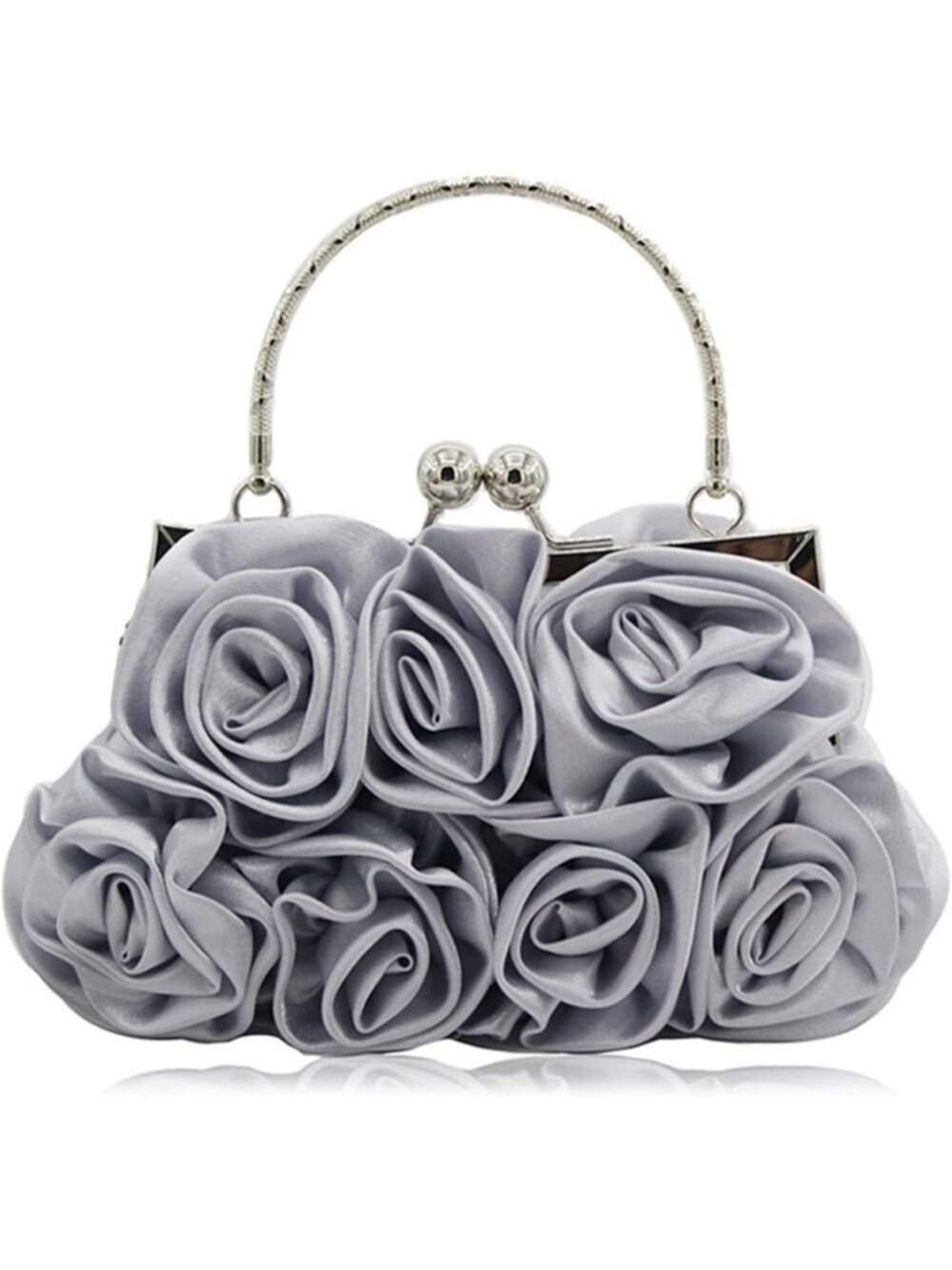 Women's Silver Floral Satin Clutch Purses Detachable Strap Prom Evening Bag